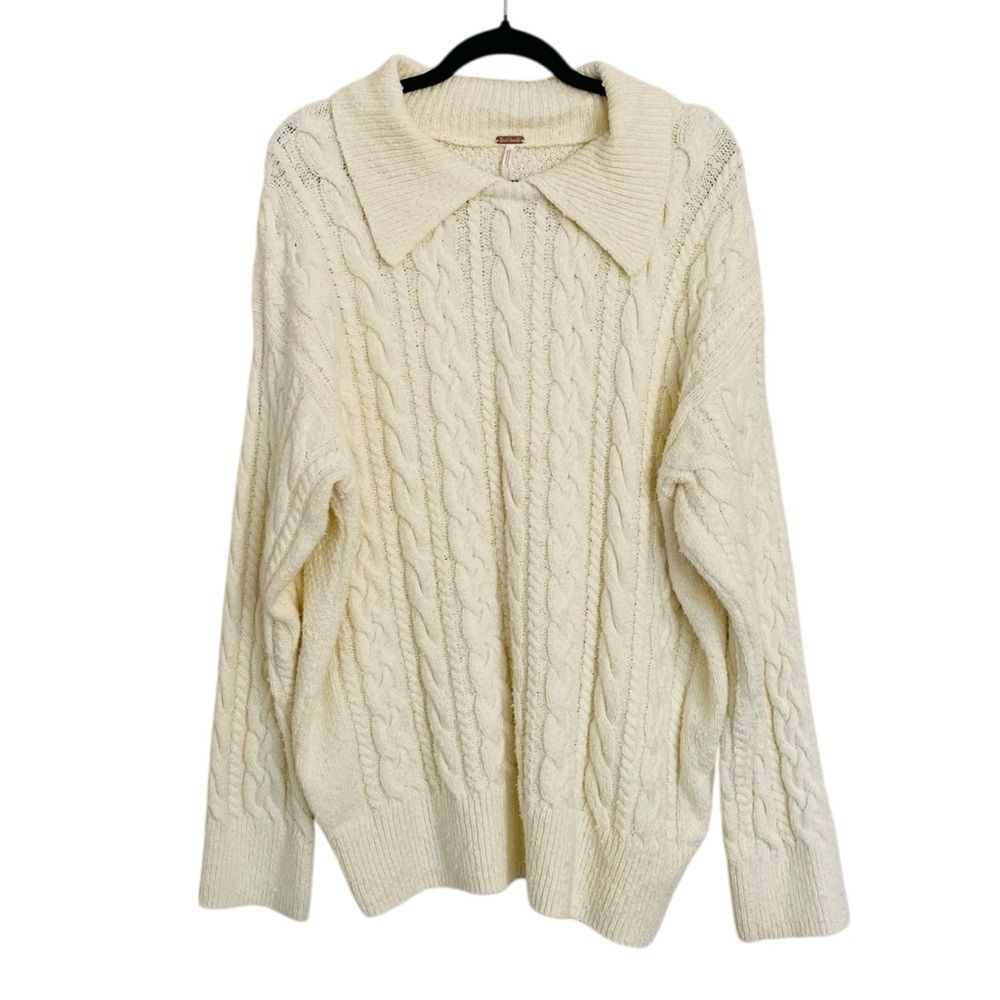 Free People Laurel Chunky Cable Knit Sweater L Ivory Oversized Collared Pullover - Picture 3 of 12